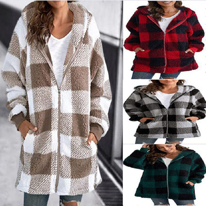 Plaid Hooded Zip-Up Oversized Jacket — Women’s Winter Commute Coat