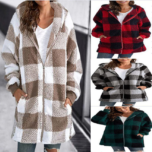 Plaid Hooded Zip-Up Oversized Jacket — Women’s Winter Commute Coat