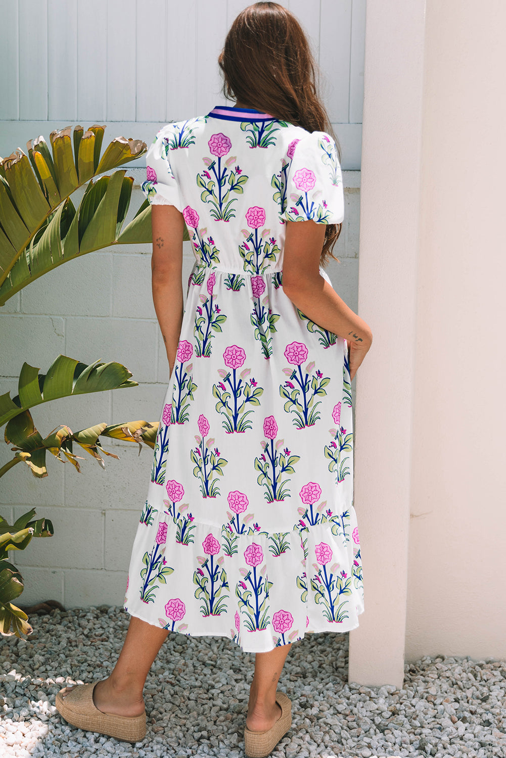Threaded Pear Julietta Floral Puff Short Sleeve V Neck High Waist Maxi Dress