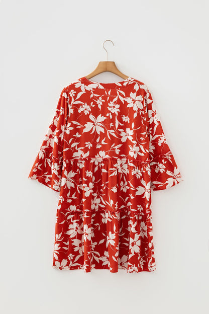 Blue Boho Floral Print Lettuce Trim 3/4 Sleeve Mini Dress