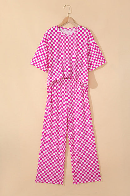 Rose Checkered Print Half Sleeve Tee 2pcs Lounge Pant Set