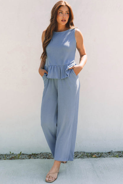 Threaded Pear Teresa Ribbed Ruffle Tank Top and Pants Set