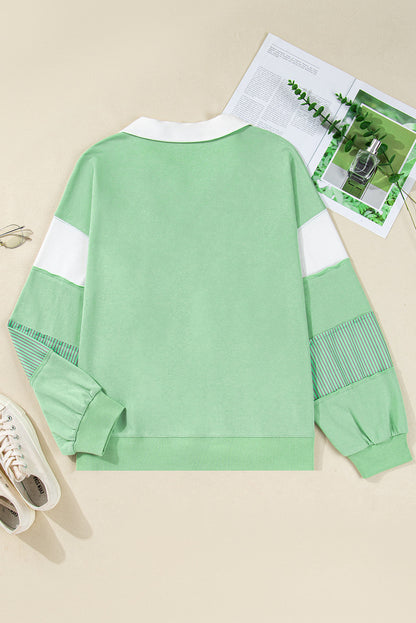 Threaded Pear Moonlight Jade Color Block Striped Patchwork Collar V Neck Plus Size Sweatshirt