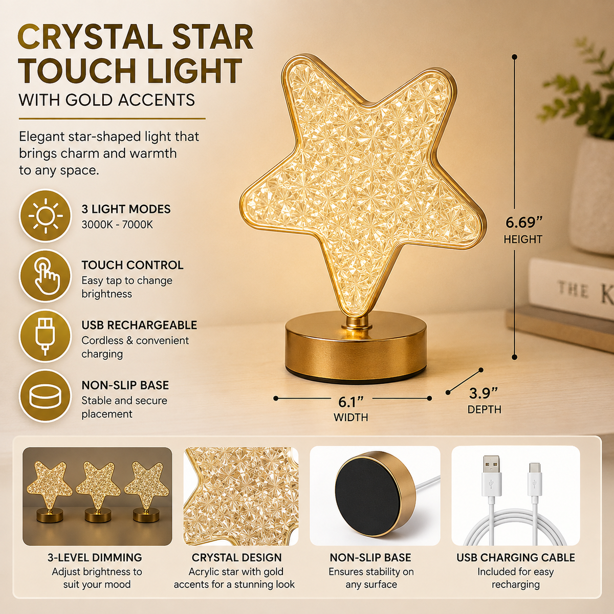 Rechargeable LED Acrylic Crystal Star Touch Light 3000K–7000K – Dimmable Adjustable Color Temp Bedside Lamp -