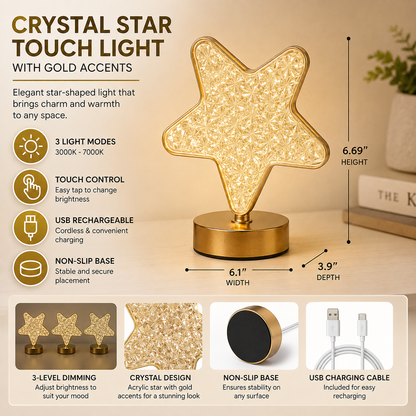 Rechargeable LED Acrylic Crystal Star Touch Light 3000K–7000K – Dimmable Adjustable Color Temp Bedside Lamp -