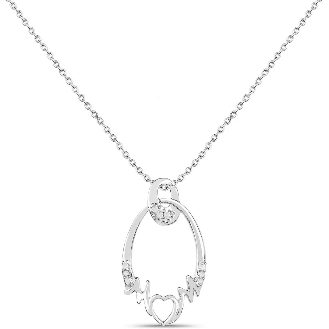 Round White Diamond Prong Silver Heart Pendant Necklace
