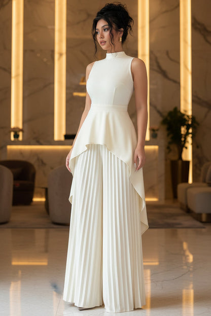 Women's Mock Neck Asymmetric Hi-Lo Peplum Top & Accordion Pleated Wide-Leg Palazzo Pants Set
