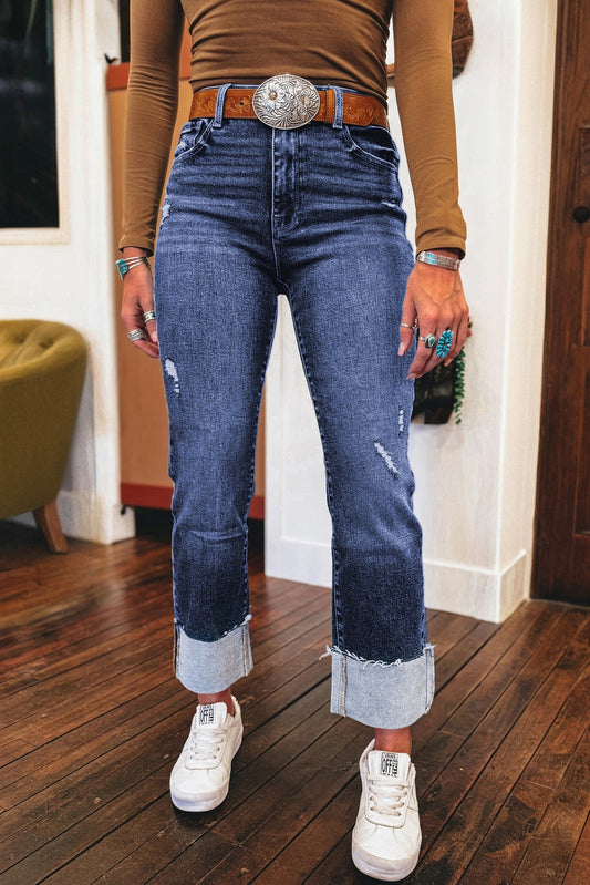 Threaded Pear Jacy Cuffs Distressed Straight High Waist Jeans