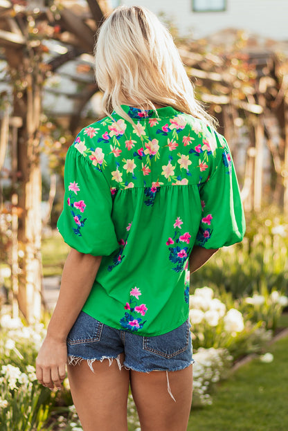 Threaded Pear Ayah Floral Tie Split Neck Short Sleeve Blouse