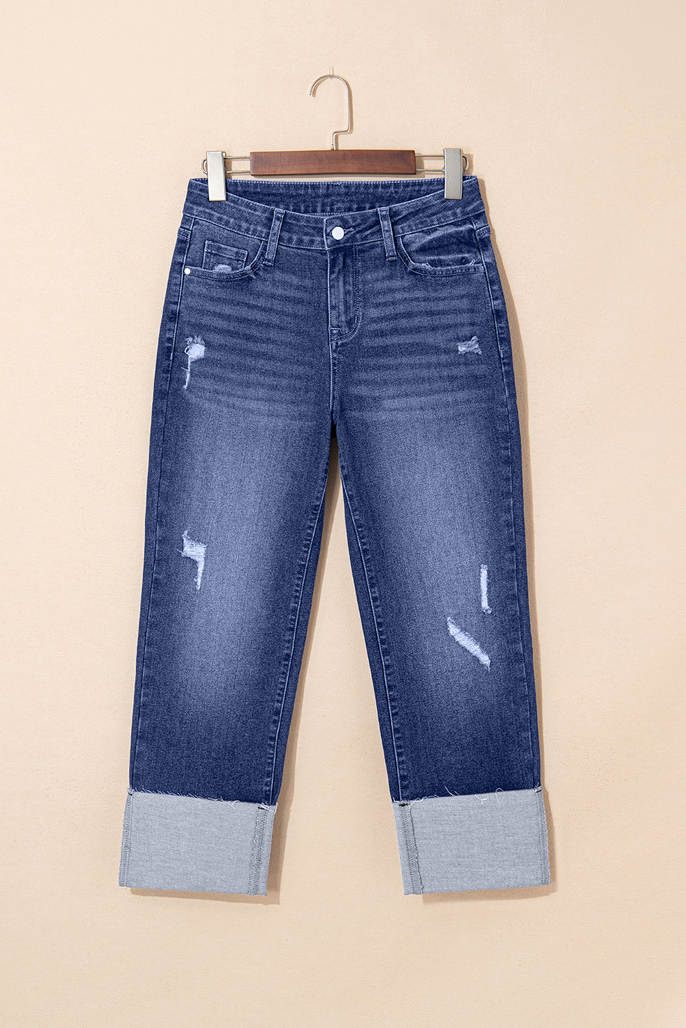 Threaded Pear Jacy Cuffs Distressed Straight High Waist Jeans