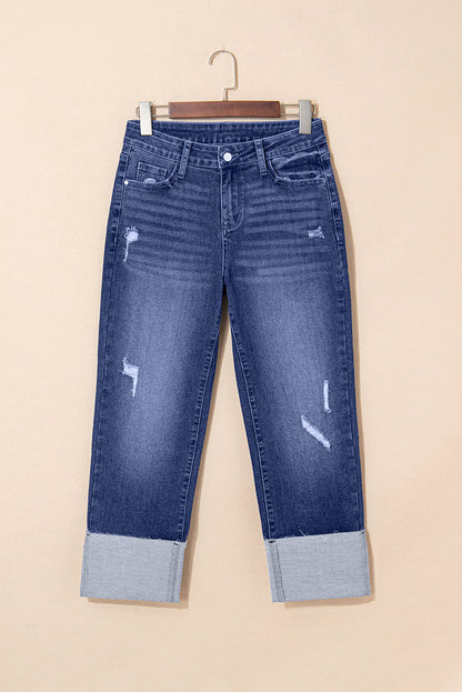 Threaded Pear Jacy Cuffs Distressed Straight High Waist Jeans