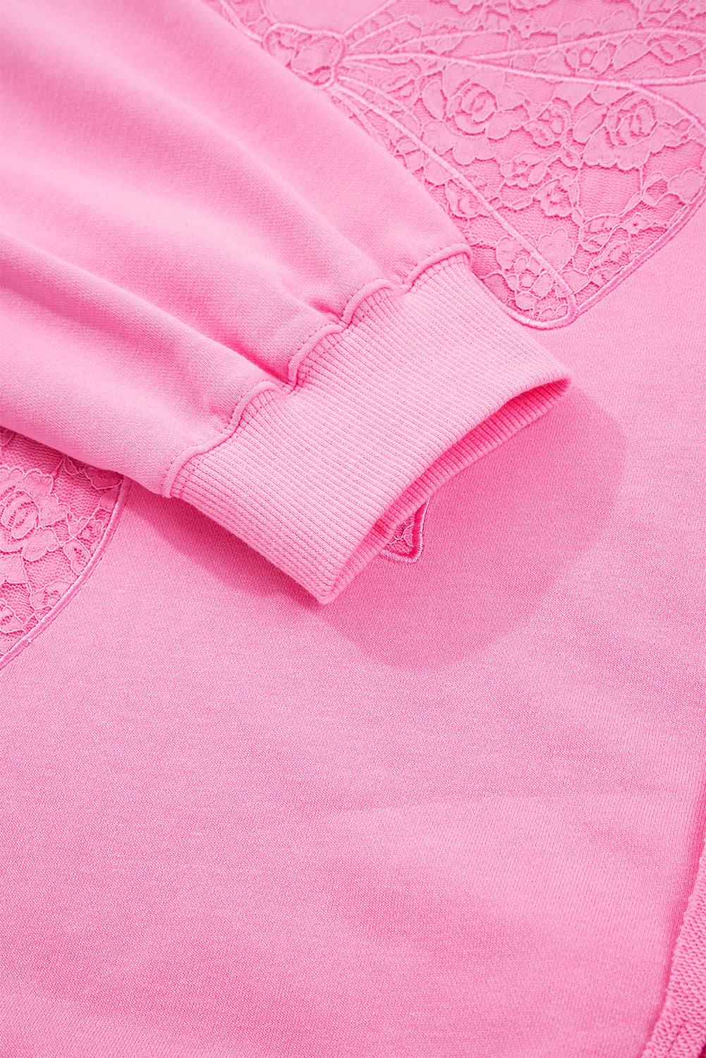 Threaded Pear Pink Big Bow Lace Embroidered Dolman Sleeve Slit Plus Size Sweatshirt