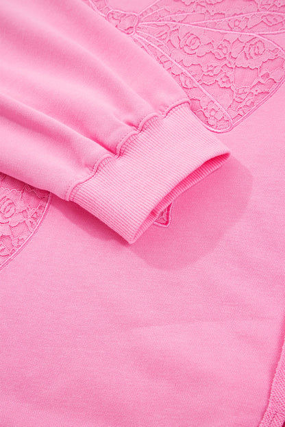 Threaded Pear Pink Big Bow Lace Embroidered Dolman Sleeve Slit Plus Size Sweatshirt