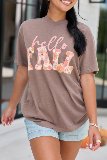 Hello Fall Floral Brown Graphic Tee