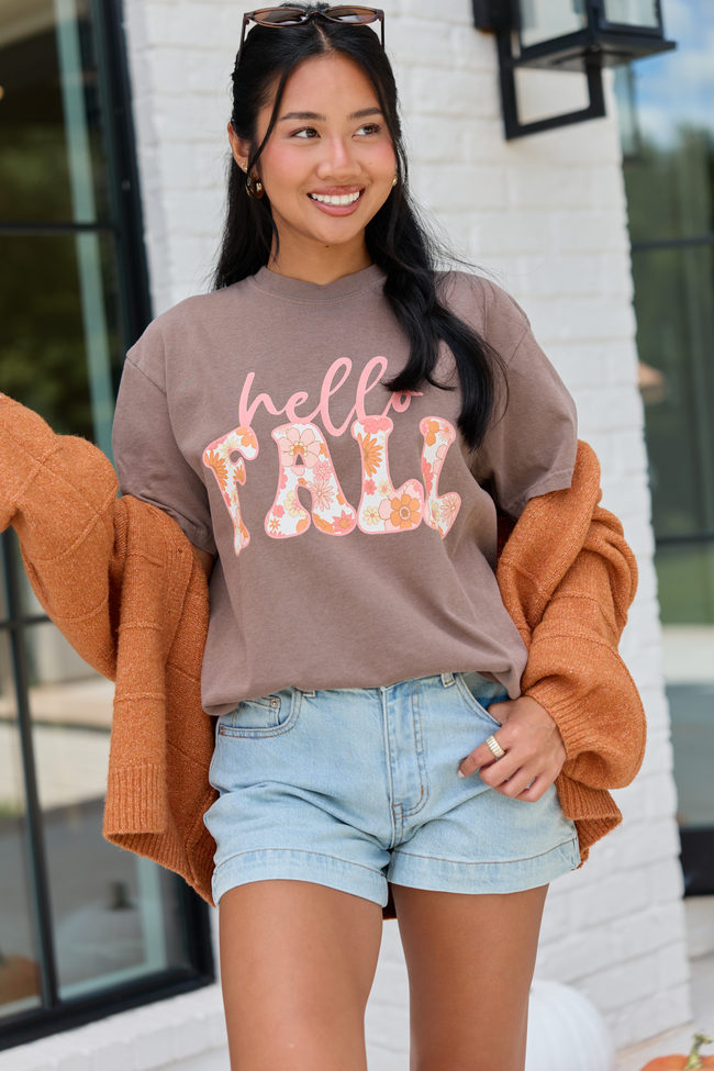 Hello Fall Floral Brown Graphic Tee