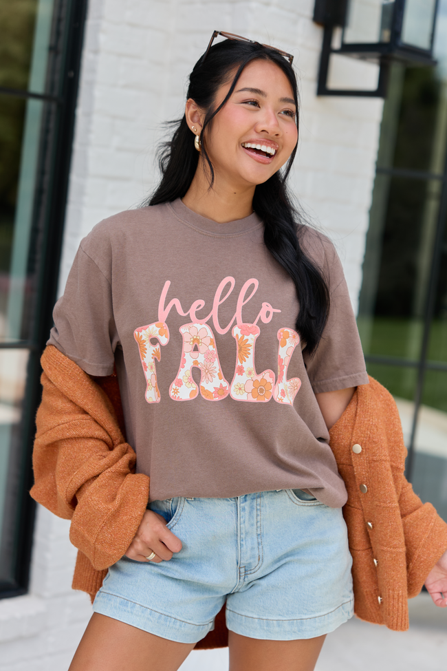 Hello Fall Floral Brown Graphic Tee