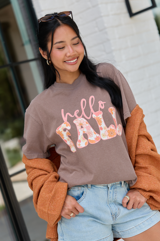 Hello Fall Floral Brown Graphic Tee