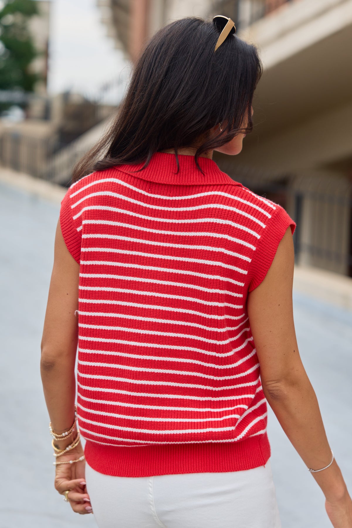 Look Up To You Collared Striped Short Sleeve Sweater Red