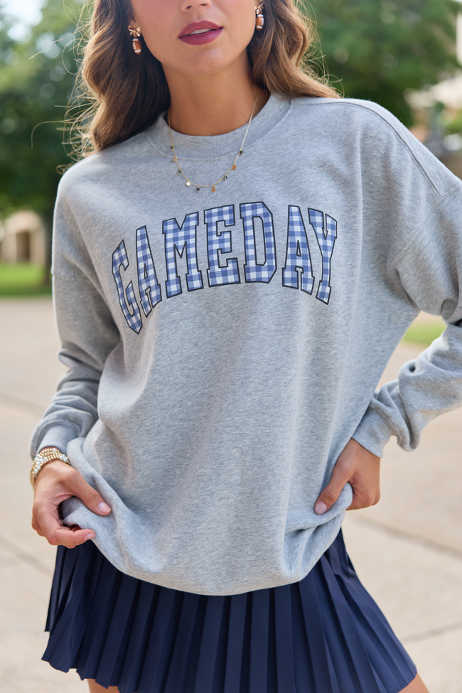 Gameday Navy Gingham Light Grey Graphic Sweatshirt