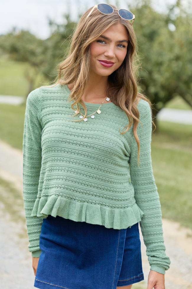 Charlotte Sage Open Knit Ruffle Trim Sweater