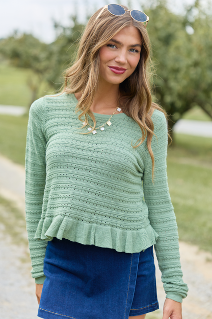 Charlotte Sage Open Knit Ruffle Trim Sweater