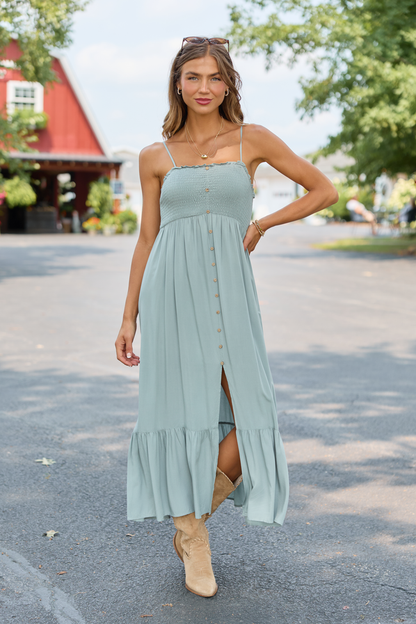 Blooming Beauty Solid Button Up Midi Dress Sage
