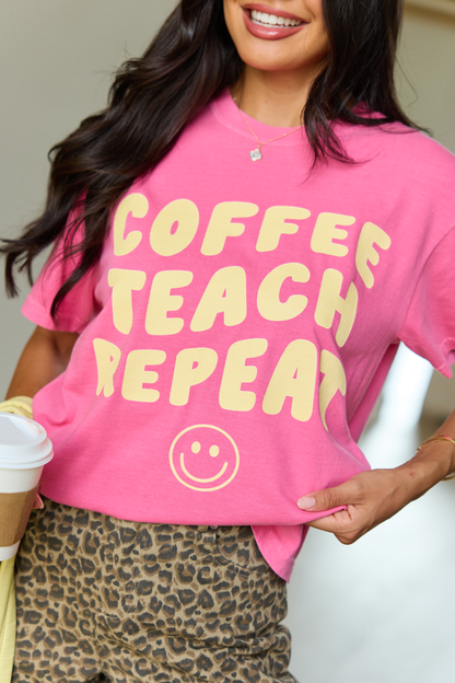 Coffee Teach Repeat Smiley Pink Graphic Tee