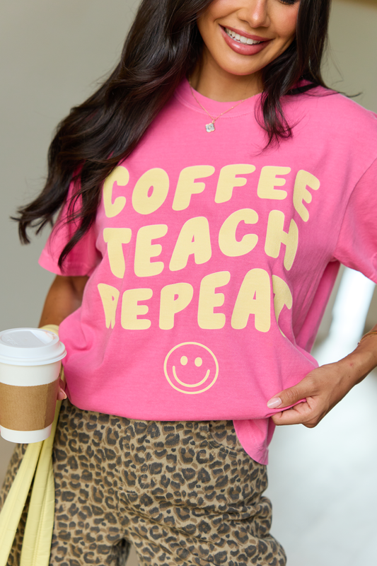 Coffee Teach Repeat Smiley Pink Graphic Tee