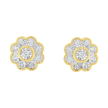 14K Yellow Gold Plated .925 Sterling Silver 1/6 Cttw Miracle-Plate Set Diamond Floral Stud Earrings (I-J Color, I2-I3 Clarity)
