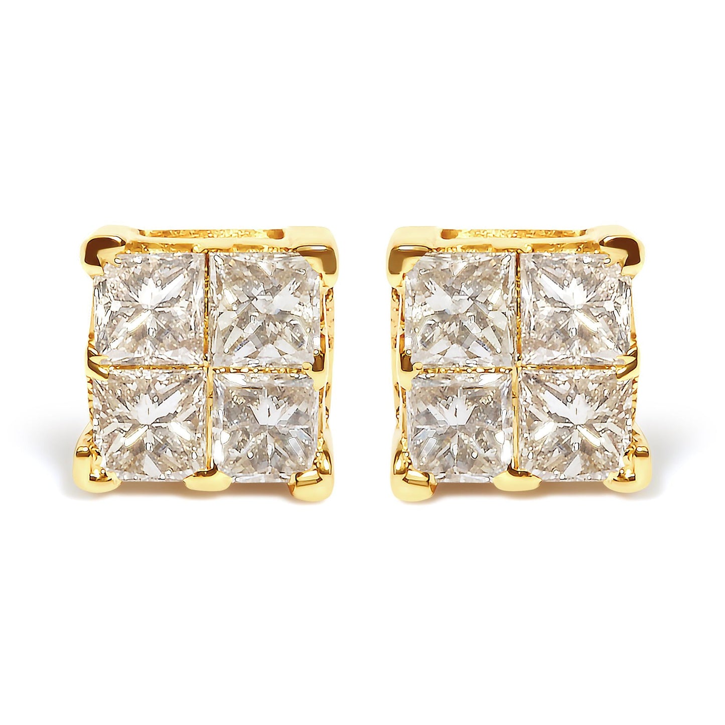 10K Yellow Gold 3/4 Cttw Invisible Set Princess-Cut Diamond Composite Square Stud Earrings (I-J Color, I2-I3 Clarity)