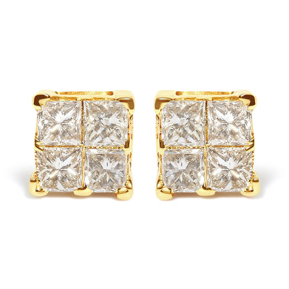 10K Yellow Gold 3/4 Cttw Invisible Set Princess-Cut Diamond Composite Square Stud Earrings (I-J Color, I2-I3 Clarity)