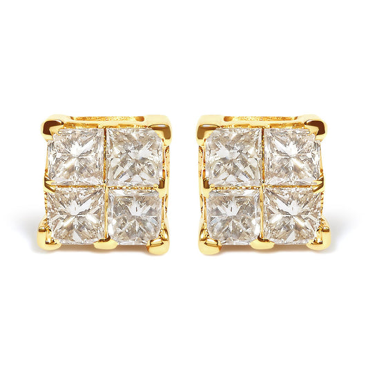 10K Yellow Gold 3/4 Cttw Invisible Set Princess-Cut Diamond Composite Square Stud Earrings (I-J Color, I2-I3 Clarity)