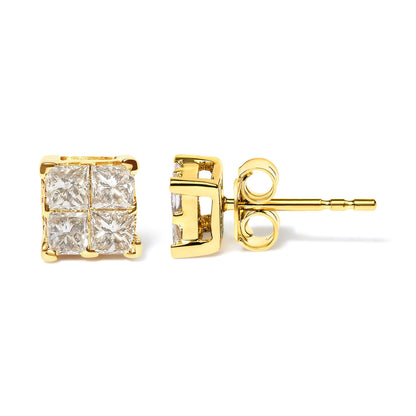 10K Yellow Gold 3/4 Cttw Invisible Set Princess-Cut Diamond Composite Square Stud Earrings (I-J Color, I2-I3 Clarity)