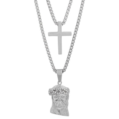 Stainless Steel Double Layered Cross And Jesus With Simulated Diamonds Necklace