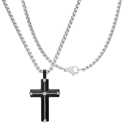 Two Tone Black Ip & Stainless Steel Inlay Wire Cable Cross With Simulated Diamonds Accent Pendant