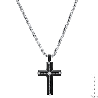 Two Tone Black Ip & Stainless Steel Inlay Wire Cable Cross With Simulated Diamonds Accent Pendant