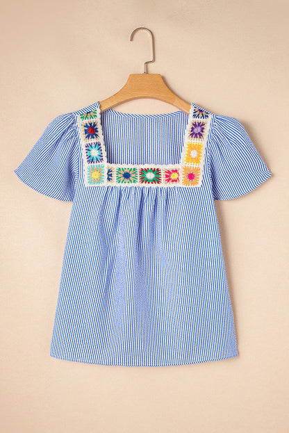 Threaded Pear Marisol Stripe Textured Ruffle Square Neck Blouse