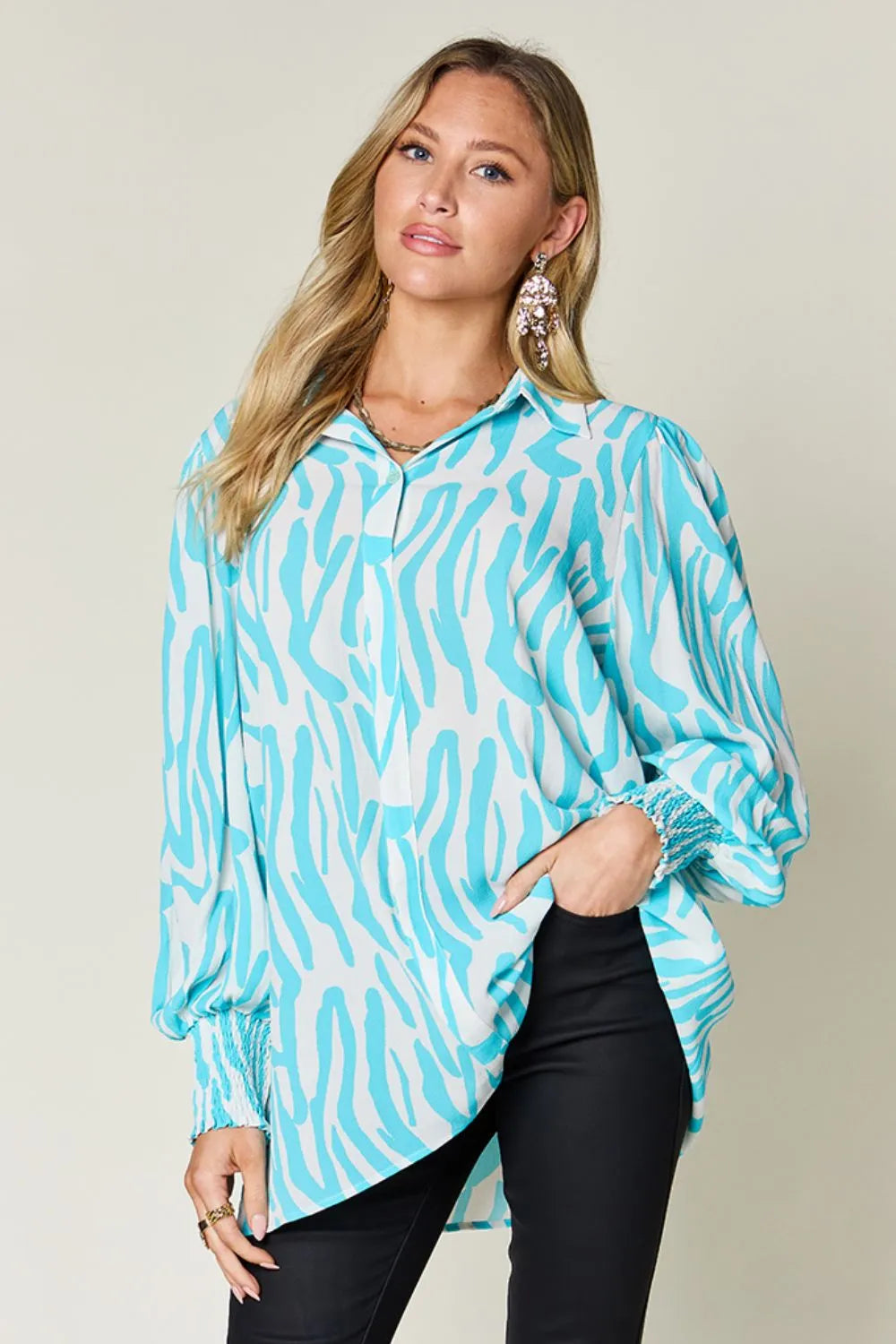 Double Take Full Size Printed Smocked Long Sleeve Blouse Plus Size