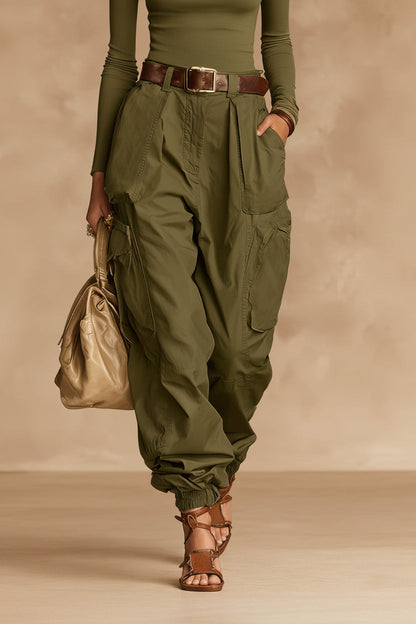 Women's High-Waist Cargo Parachute Pants with Elastic Ankle Cuffs