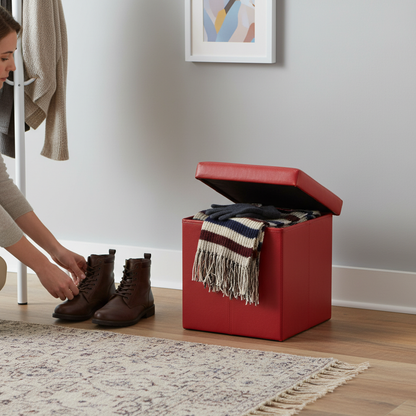 Folding Storage Ottoman Foot Rest Stool – Faux Leather Ottoman Bench with Hidden Storage for Books & Home Organization