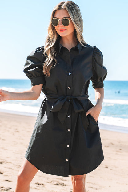 Threaded Pear Malaya Button Up Tie Waist Puff Sleeve Mini Dress