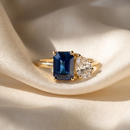 2.60 Cttw Octagon Emerald, Ruby, Sapphire and Lab Diamond 14K Yellow Gold Toi et Moi Ring