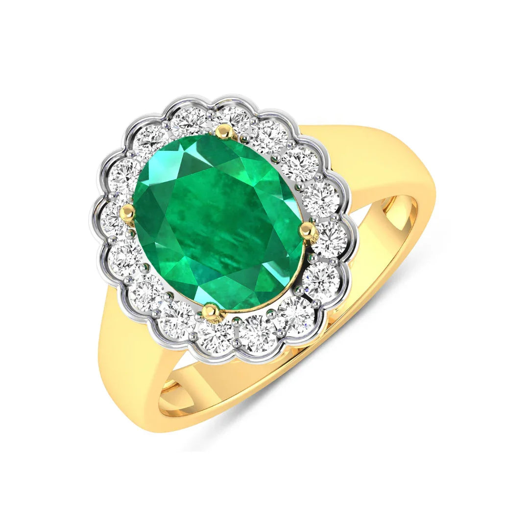 2.51 Ct Oval Green Zambian Emerald and White Diamond Prong 14k Gold Floral Halo Ring