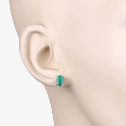 1.44 Ct Oval Green Zambian Emerald Prong 10K Gold Stud Earrings