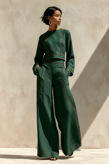 Women's Cropped Long-Sleeve Top & Ultra-Wide Palazzo Pants Set
