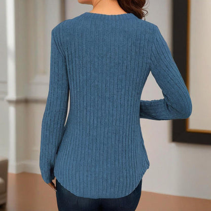 Women's Solid Color Button V-Neck Long Sleeve Knit Top