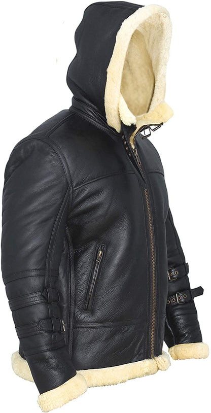 B3 Bomber Jacket with Real Shearling and Removable Hood – Black