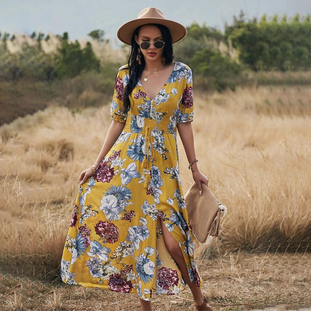 zulily beach dresses Floral Summer Dress With V Neck Elastic Waist For Women – Moyo