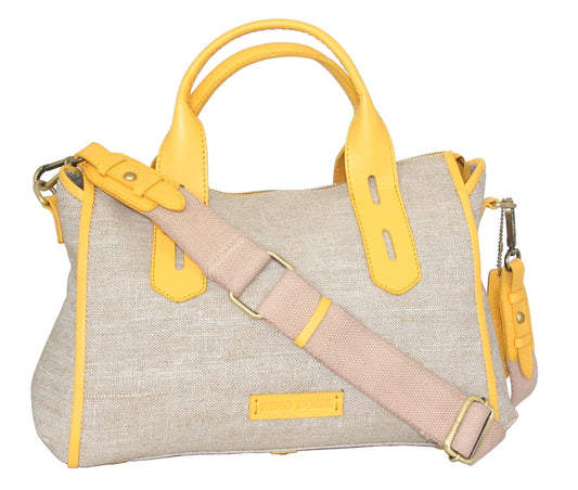 Britney Linen/Leather Satchel in Lemon