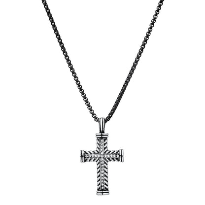 Two Tone Stainless Steel Braided Cross Pendant With Simulated Diamonds